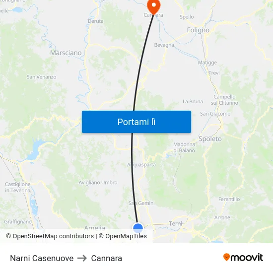Narni Casenuove to Cannara map