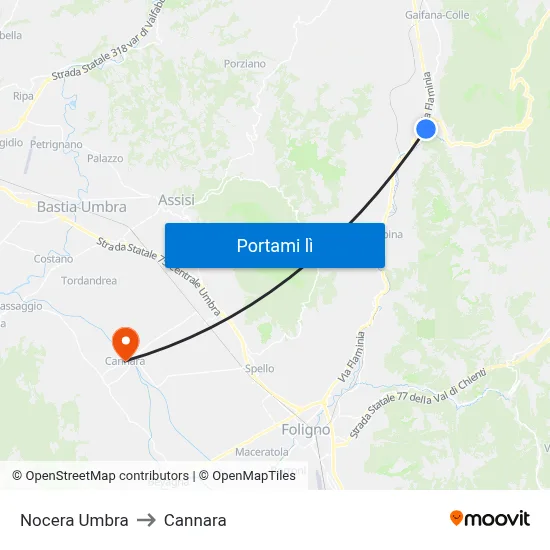 Nocera Umbra to Cannara map