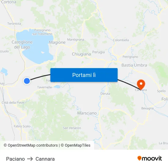 Paciano to Cannara map