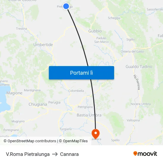 V.Roma Pietralunga to Cannara map