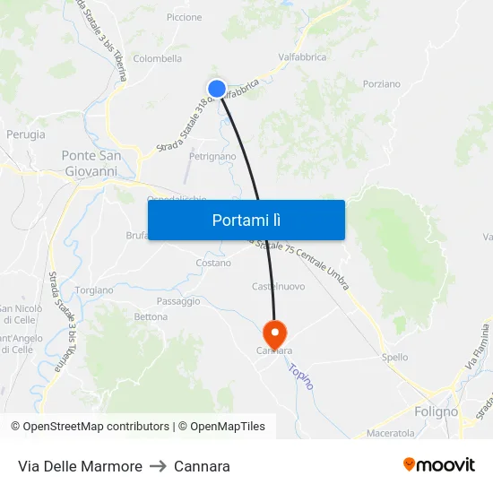 Via Delle Marmore to Cannara map