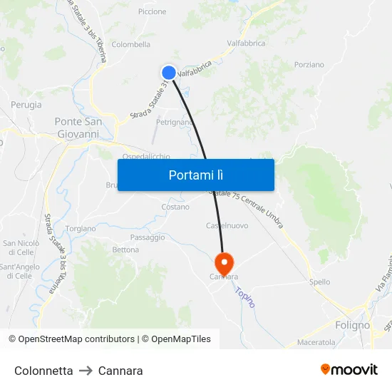 Colonnetta to Cannara map