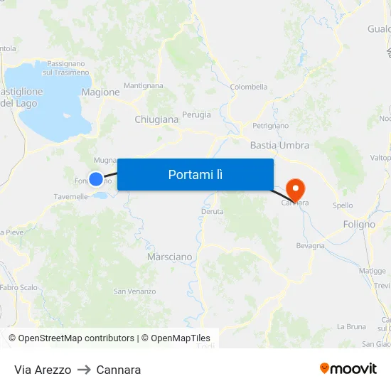 Via Arezzo to Cannara map