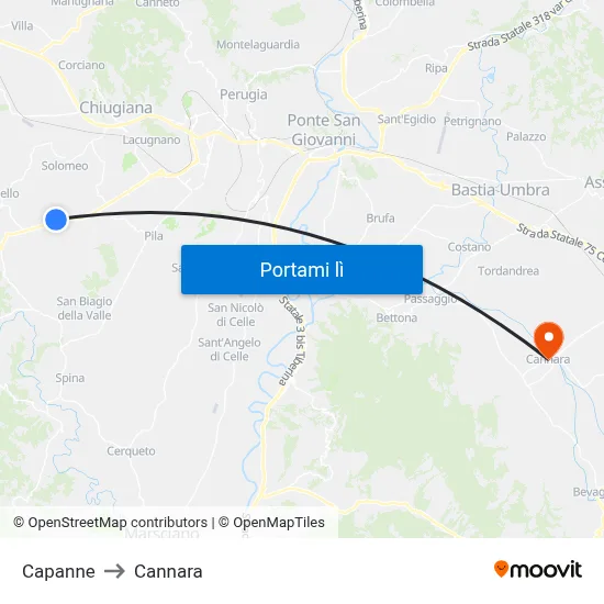 Capanne to Cannara map