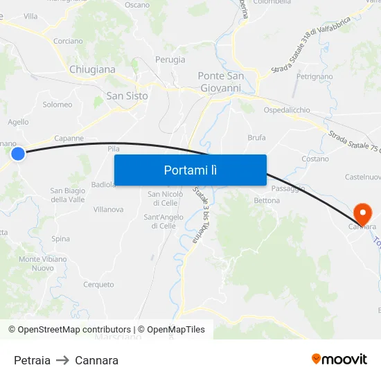 Petraia to Cannara map
