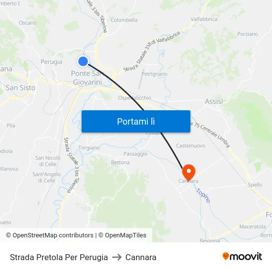 Strada Pretola Per Perugia to Cannara map
