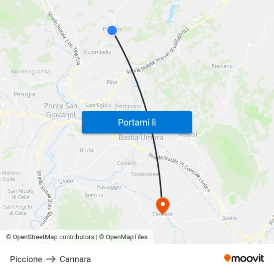 Piccione to Cannara map