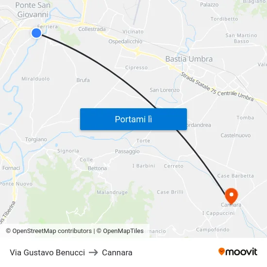 Via Gustavo Benucci to Cannara map