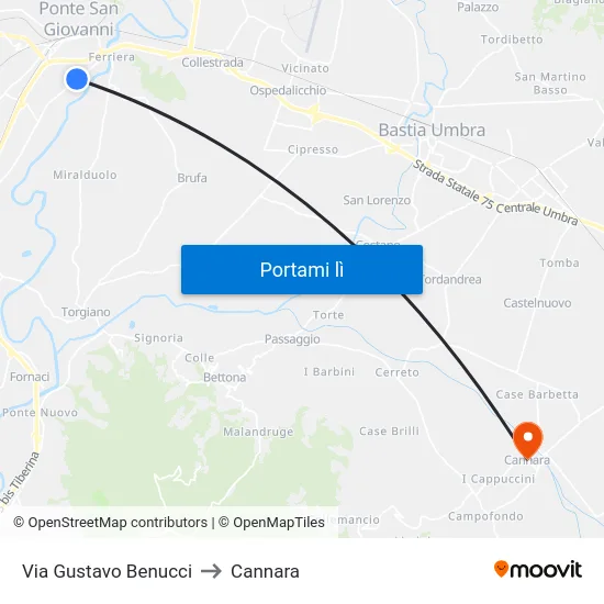 Via Gustavo Benucci to Cannara map