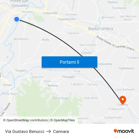 Via Gustavo Benucci to Cannara map