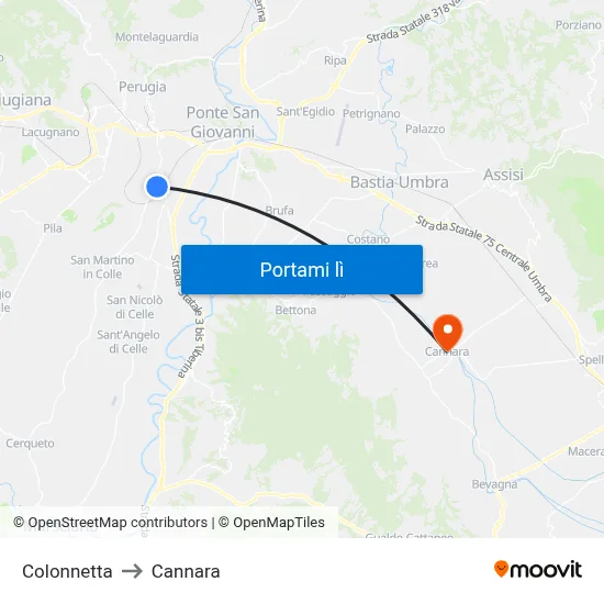 Colonnetta to Cannara map