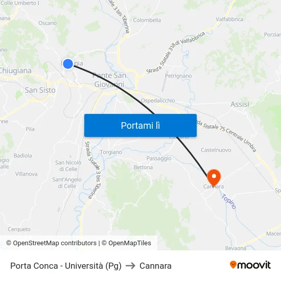 Porta Conca - Università (Pg) to Cannara map