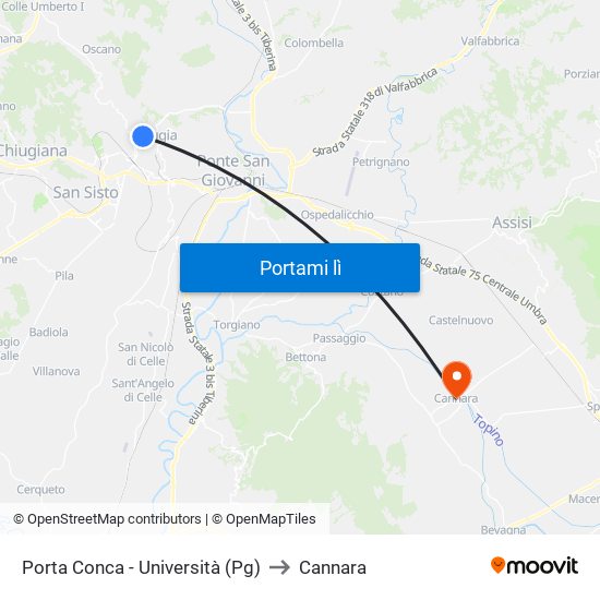 Porta Conca - Università (Pg) to Cannara map