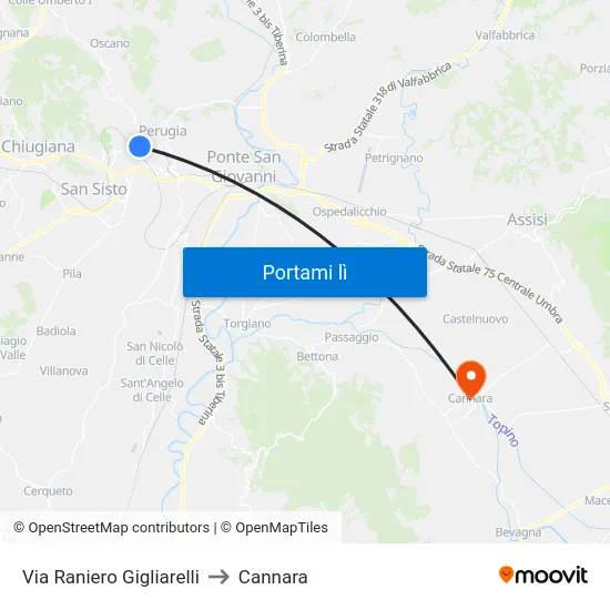 Via Raniero Gigliarelli to Cannara map