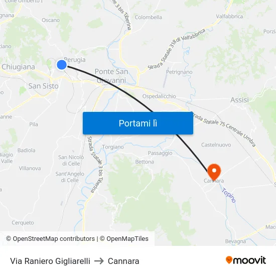 Via Raniero Gigliarelli to Cannara map