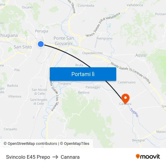 Svincolo E45 Prepo to Cannara map