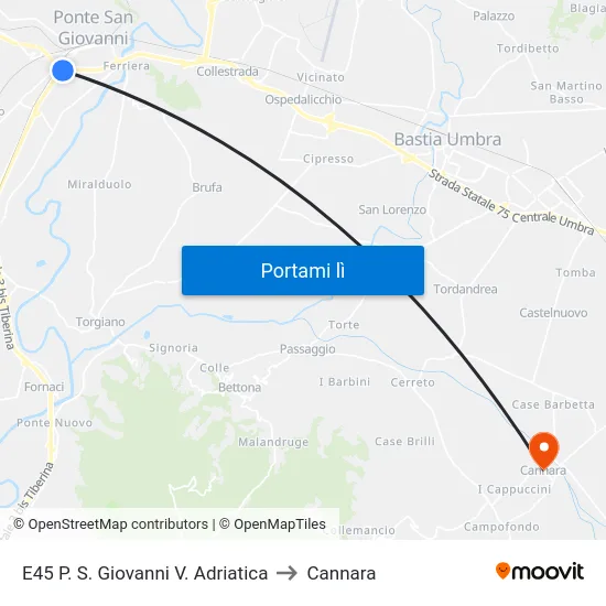 E45 P. S. Giovanni V. Adriatica to Cannara map