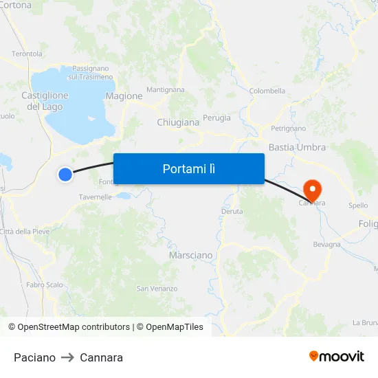 Paciano to Cannara map