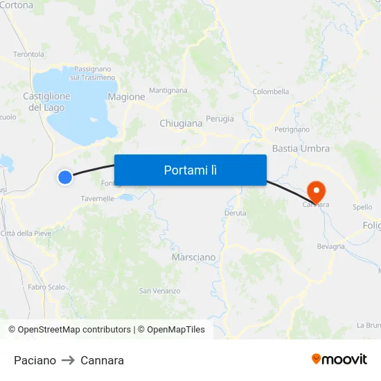 Paciano to Cannara map