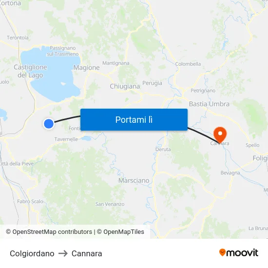 Colgiordano to Cannara map