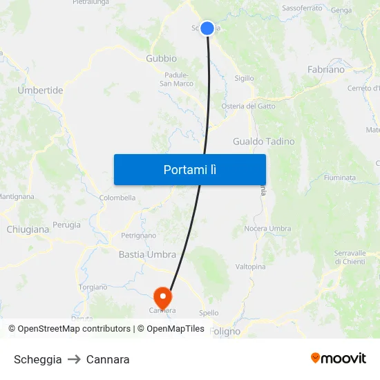 Scheggia to Cannara map