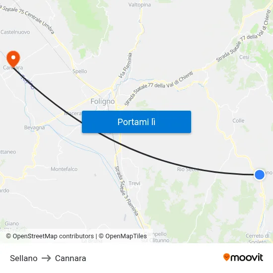 Sellano to Cannara map