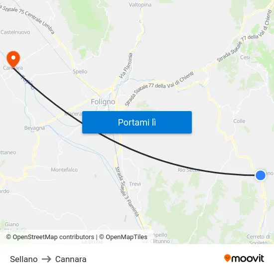 Sellano to Cannara map