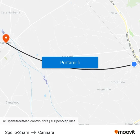 Spello-Snam to Cannara map