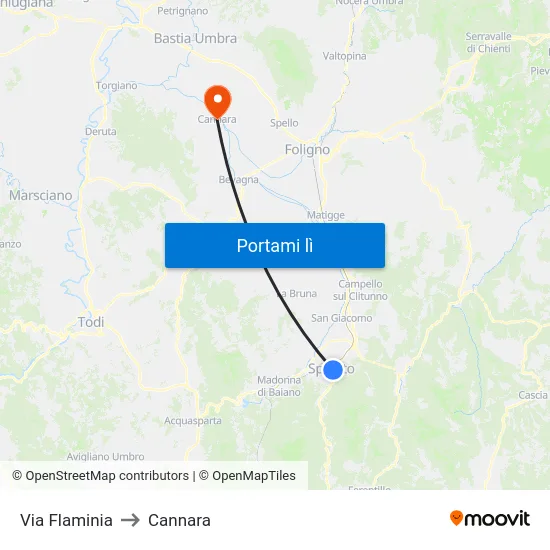 Via Flaminia to Cannara map