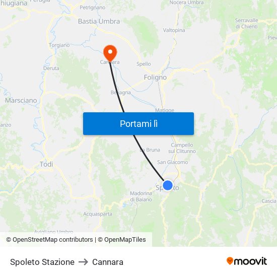 Spoleto Stazione to Cannara map