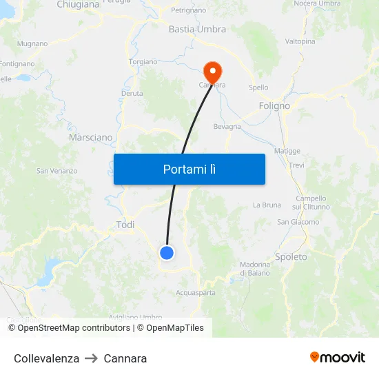 Collevalenza to Cannara map