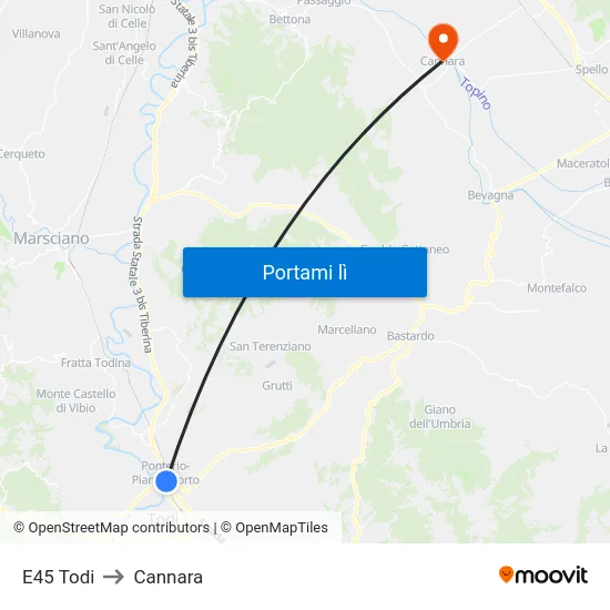E45 Todi to Cannara map
