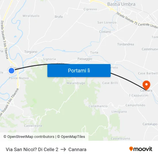 Via San Nicol? Di Celle 2 to Cannara map