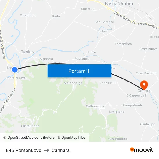 E45 Pontenuovo to Cannara map