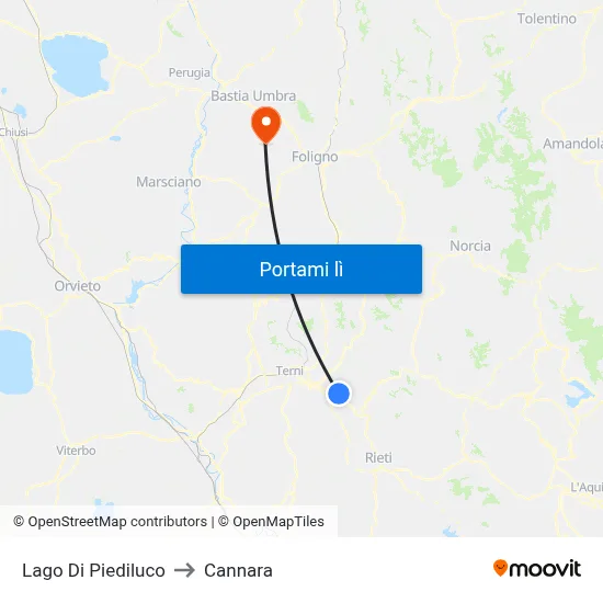 Lago Di Piediluco to Cannara map