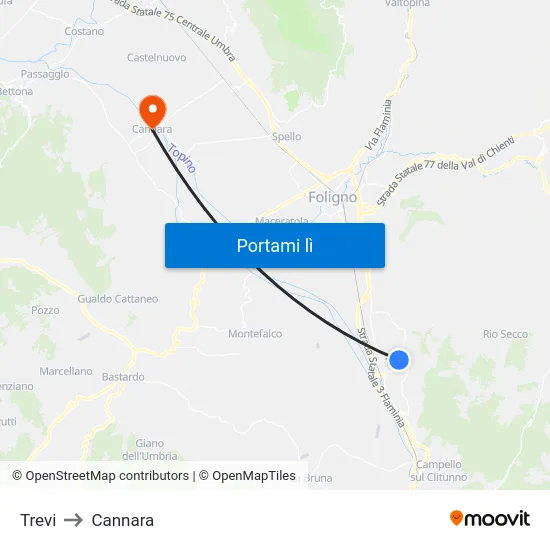 Trevi to Cannara map