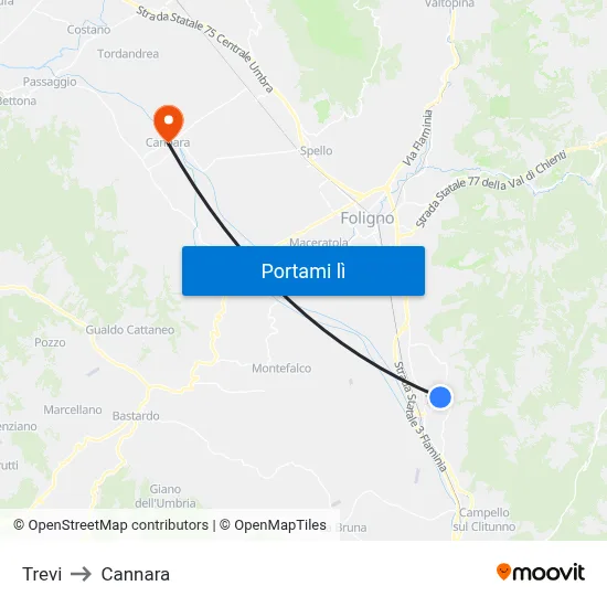 Trevi to Cannara map