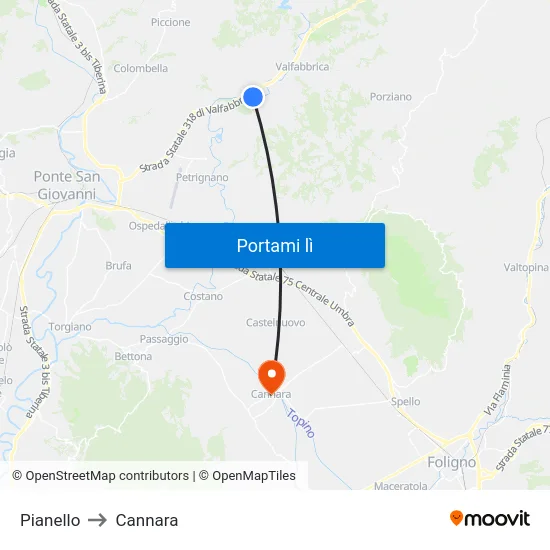 Pianello to Cannara map