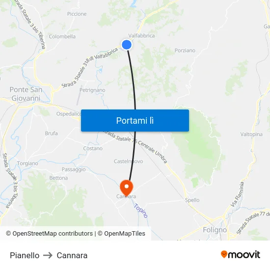 Pianello to Cannara map