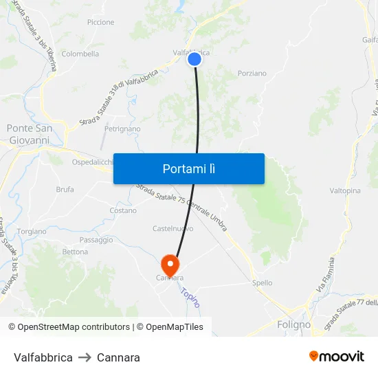 Valfabbrica to Cannara map