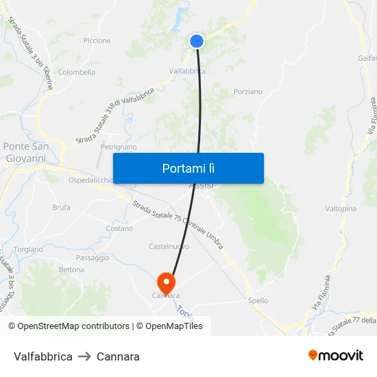 Valfabbrica to Cannara map