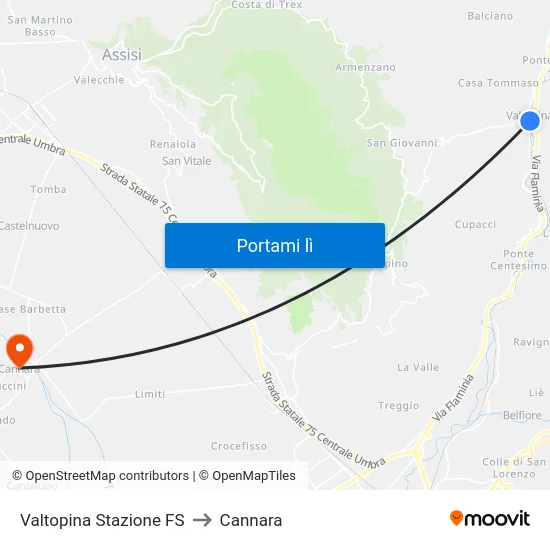 Valtopina Stazione FS to Cannara map