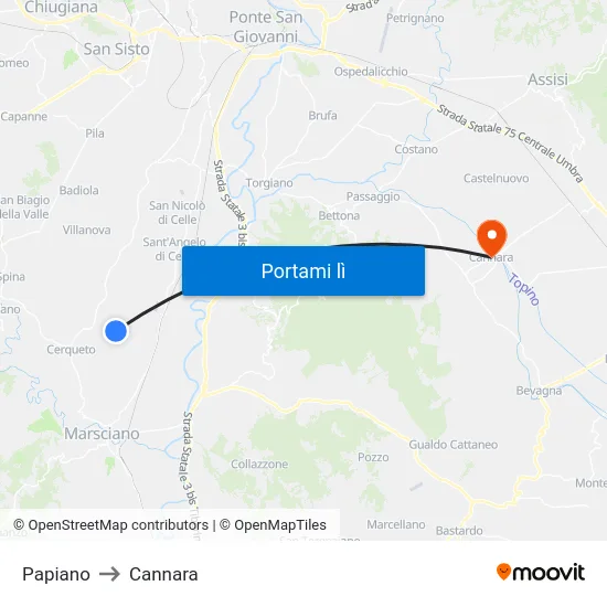 Papiano to Cannara map