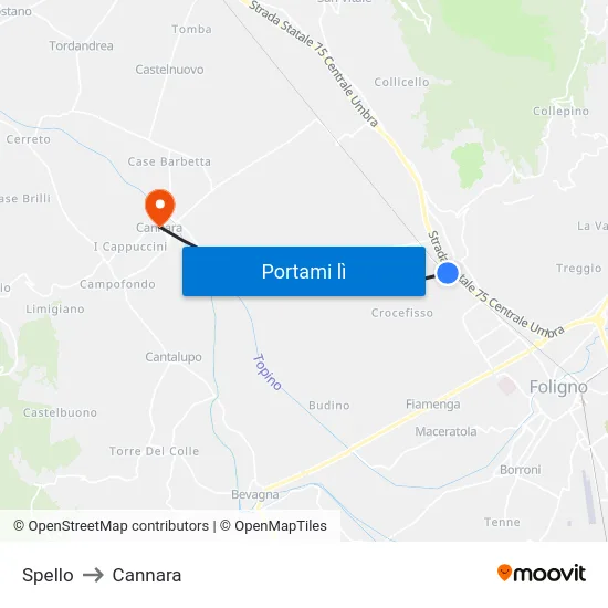 Spello to Cannara map