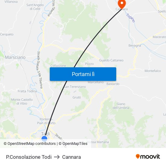 P.Consolazione Todi to Cannara map