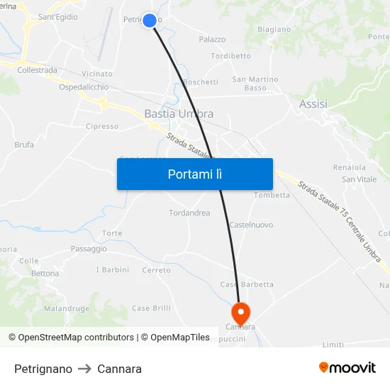 Petrignano to Cannara map