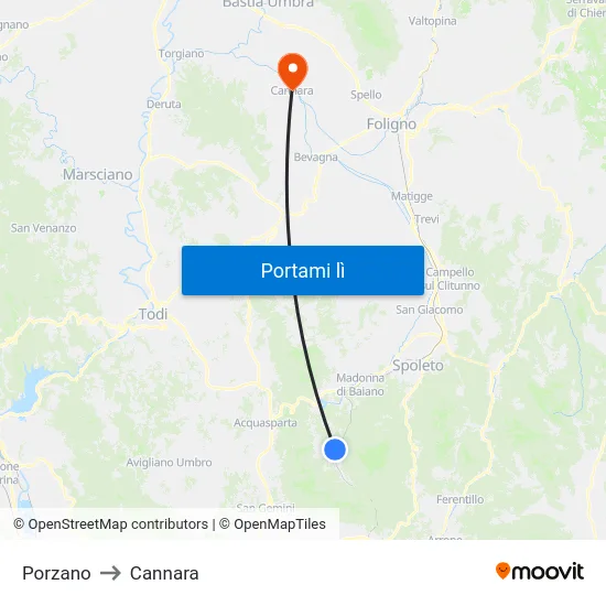 Porzano to Cannara map