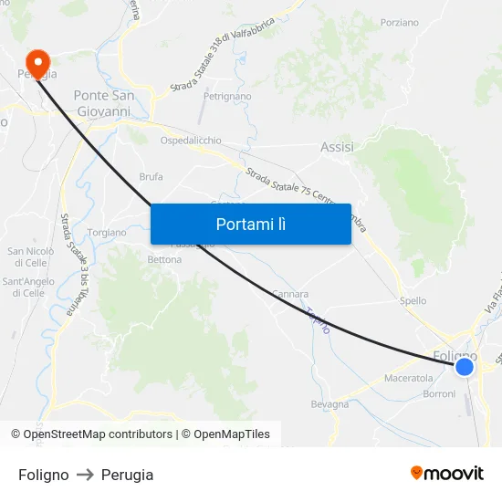 Foligno to Perugia map