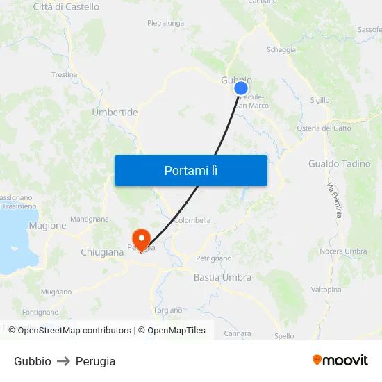 Gubbio to Perugia map