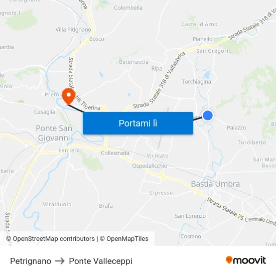 Petrignano to Ponte Valleceppi map